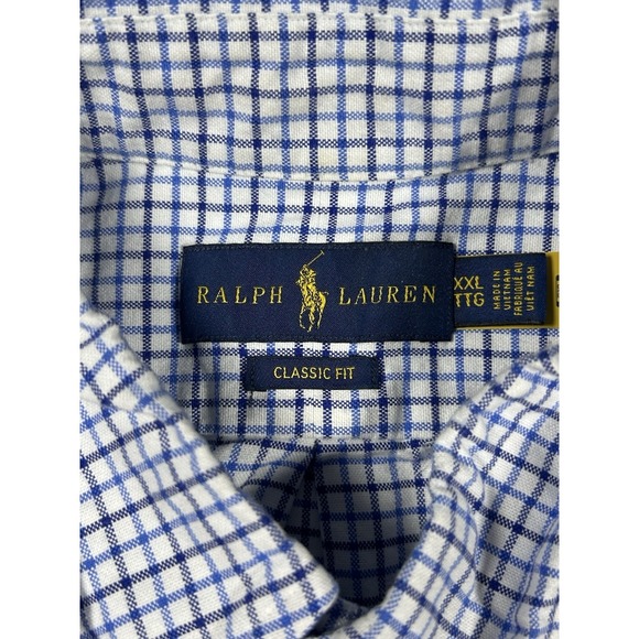 Polo Ralph Lauren Shirt Men's 2XLT Blue Gingham Check Long Sleeve Flesh Pony EUC - Picture 4 of 5